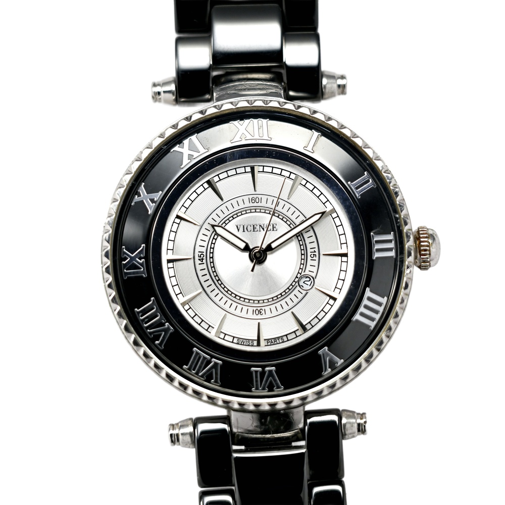 Vicence Ceramic and 925 Sterling Silver Vintage 90's Watch 38mm Diamond Bezel